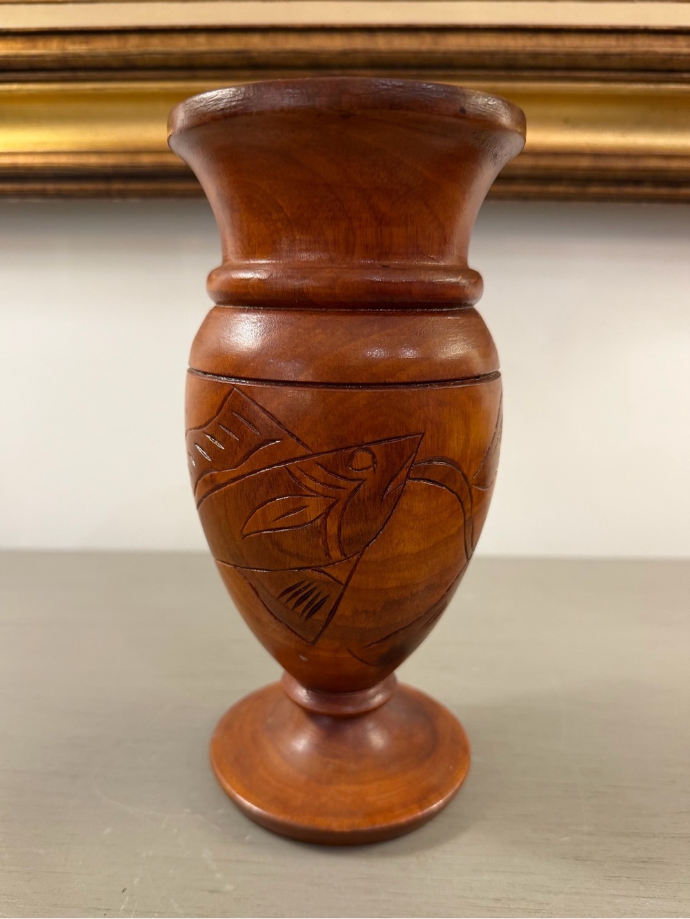 Hand Carved Wood Pedestal Vase Fish Fauna Floral Mid Century Haitian Bohemian